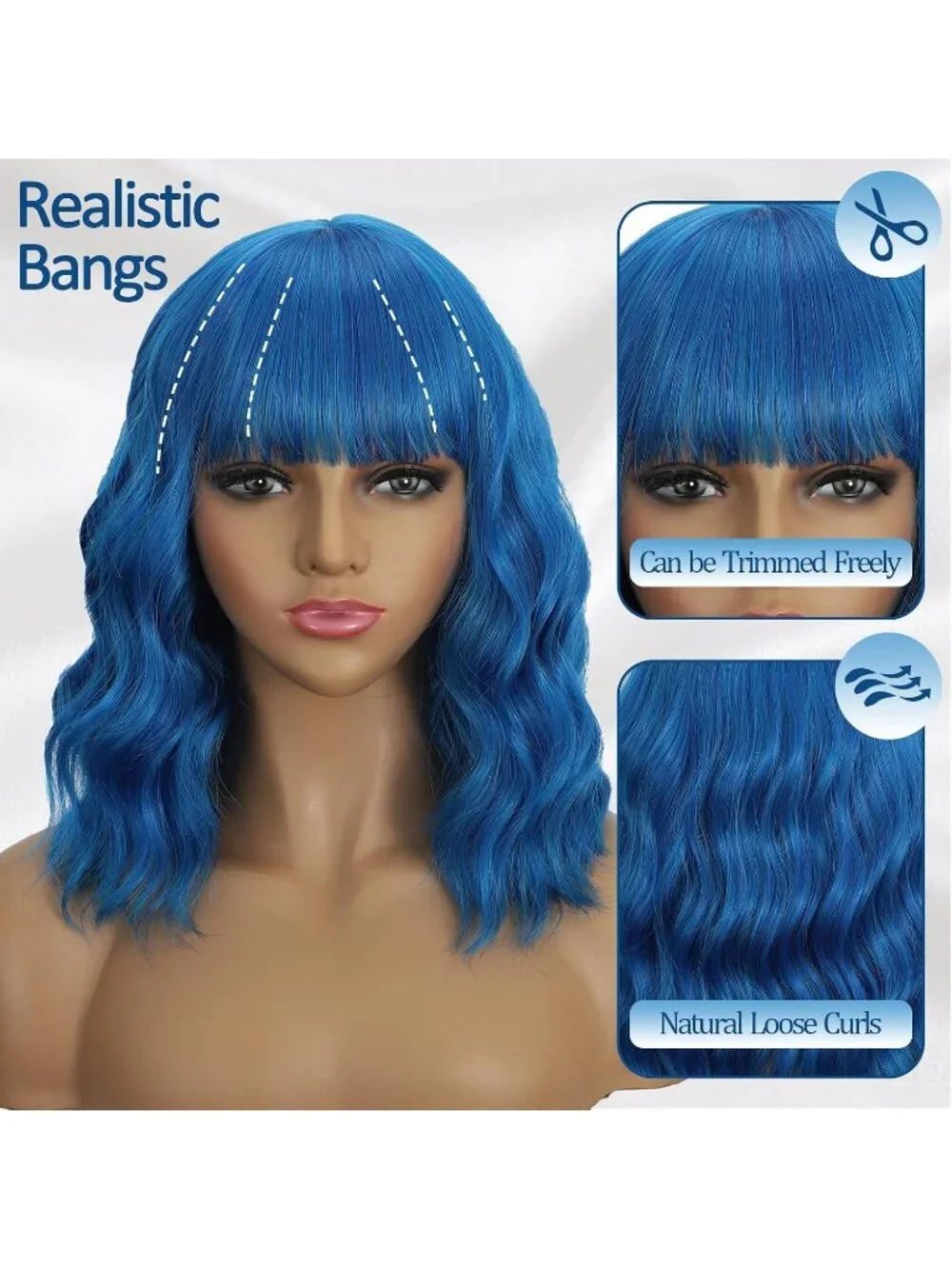 Women's Dark Blue 14 Inch Heat Resistant Synthetic Short Wavy Bob Wigs Bangs
